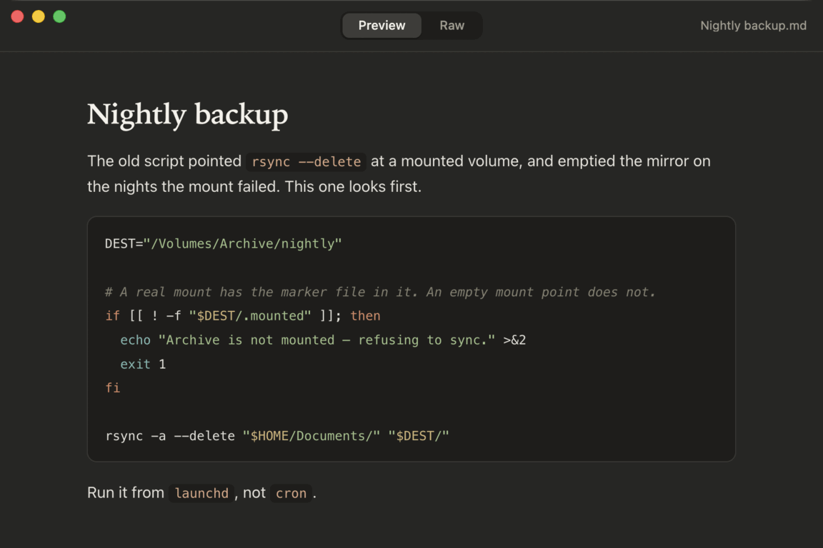 A note about a backup script in dark mode, with a fenced shell block highlighted