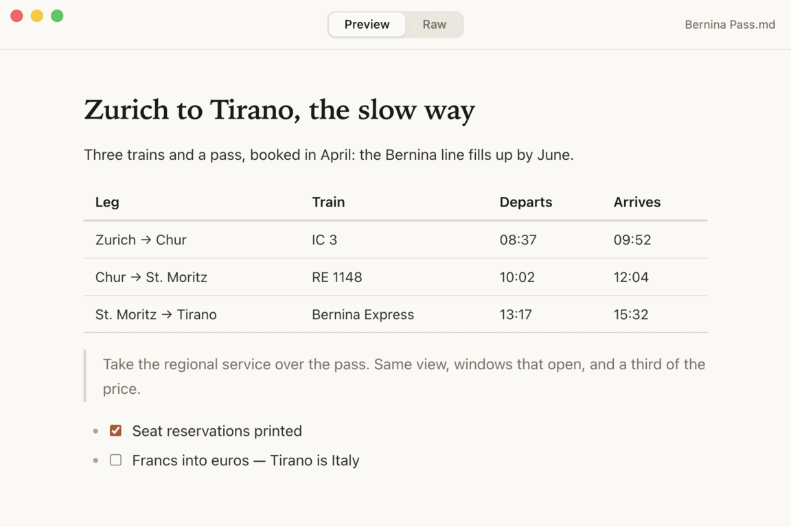 A travel note in Preview: a serif heading, a table of train times with the columns lined up, an indented quotation and two task-list checkboxes
