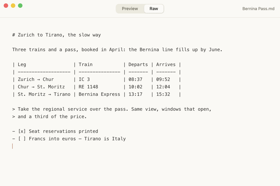 The same note in Raw: its markdown source in a monospaced face, pipe table and all